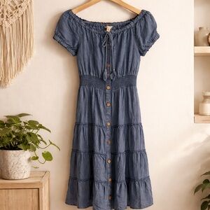 Cato Off-Shoulder Button-Front Midi Dress in Denim Blue